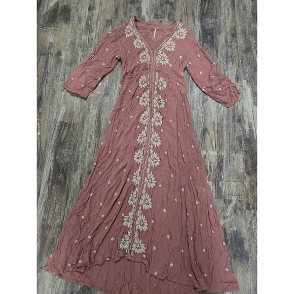 Free People Embroidered Fable Midi Dress Raspberry Pink Mauve Festival Sz Small - Picture 2 of 9